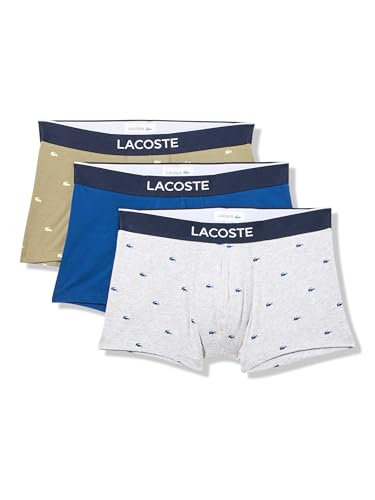 Lacoste Men's Cotton Stretch Mini Croc Print Trunks, 3-Pack, Khaki Green/Grey/Blue, Large