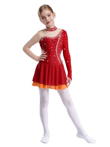 Jan Jean Kids Girls Figure Skating Dress Long Sleeves Ballet Dance Skirted Leotards Rhythmic Gymnastics Outfits Burgundy 14 Years
