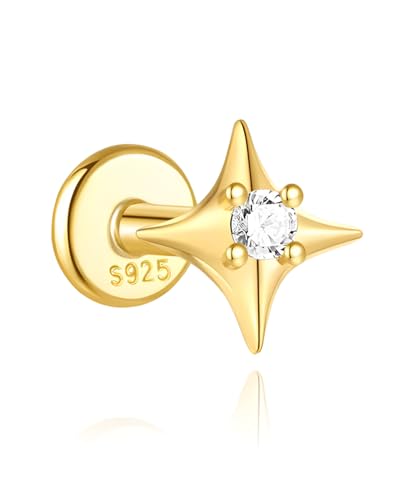 16G Dangle Helix Piercing Jewelry 1PC 925 Solid Silver 14K Gold Plated Conch Tragus Cartilage Earring Flat Back Stud Internally Threaded Ear Ring 8mm Gifts for Her Cubic Zirconia White Opal