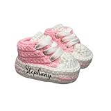 Personalized Baby Booties, Crochet High-Top Style, Pink and White, Customizable Name (3-6 months)