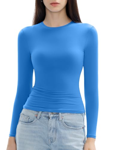C202 Womens Long Sleeve Tops Crew Neck Double Lined Tight T Shirts