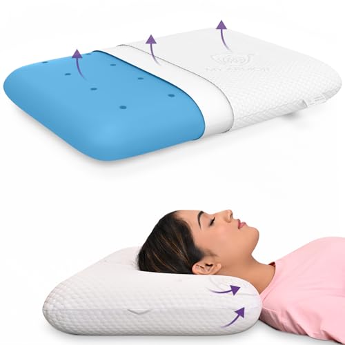 Image of MY ARMOR Ventilated Cool Gel Memory Foam Pillow for Neck & Shoulder Pain with Removable Zipper Cover, Standard Size - 22x15x4 Inches, White, Pack of 1