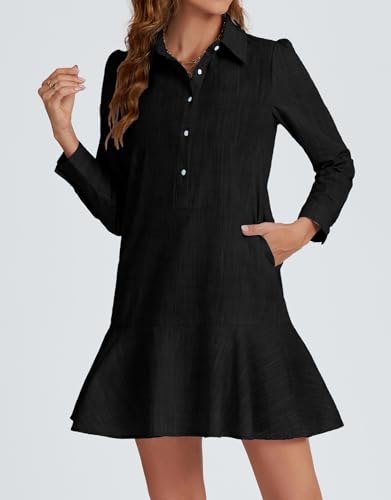 Image of YEXPINE Women's Tunic Mini Shirt Dress Cotton Linen Long Sleeve Button Up Ruffle Hem Loose Casual Summer Pockets Shift Dress