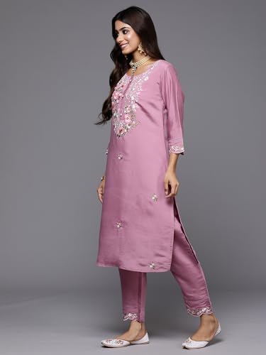 Image of INDO ERA Women's Embroidered Silk Blend Calf Length Straight Kurta Trousers With Dupatta Set