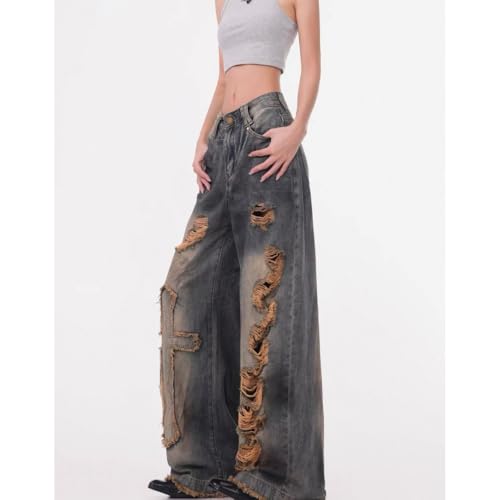 Y2K Women's Baggy Jeans with Cross Leg Embroidery & Ripped Details High Waisted Distressed Wide Leg Pants3