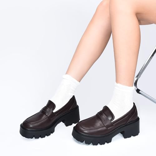 Image of Black Penny Loafers for Women - Women's Slip-On Platform Patent Leather Loafers, Chunky Comfort Shoes for Work & Dressy Occasions