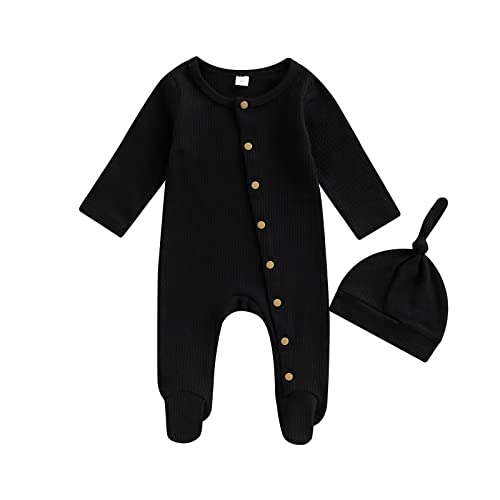 Image of YINGISFITM Newborn Baby Boy Girl Coming Home Outfit Infant Jumpsuit Footed Bubble Romper for Boys Girls Warm Baby Shower (Black, 3-6 Months)