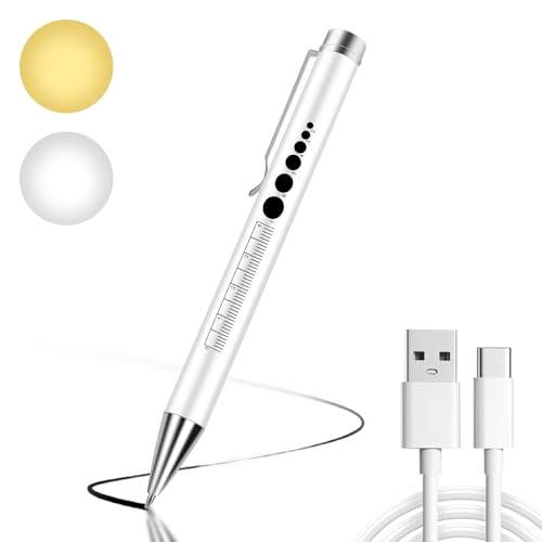 Flintronic Linterna de Bolígrafo de Diagnóstico Médico, LED Luz Médica Recargable, Con Medidor De Pupila Y Clip, Con cable de carga tipo C, Puede Escribir,Para Cuidado Personal, Iluminación, Blanco