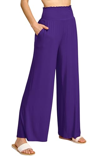 Made By Johnny Women's Elastic High Waisted Palazzo Pants Casual Wide Leg Long Lounge Pant Trousers with Pocket