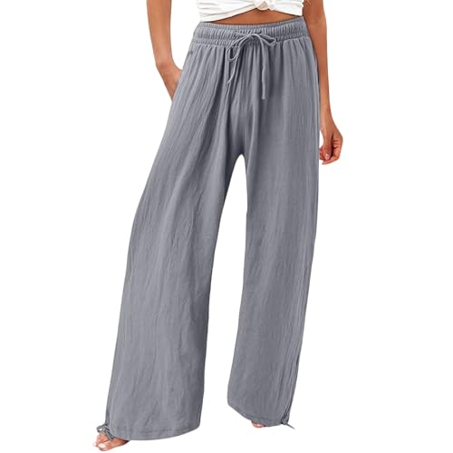 Women's Linen Wide Leg Pants Summer High Waisted Drawstring Palazzo Pants Casual Beach Pants Baggy Trousers