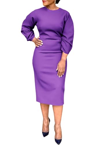 Women's Long Sleeve Bodycon Midi Dress Casual Solid Color Crew Neck Wrap Back Slit Cocktail Party Pencil Dresses