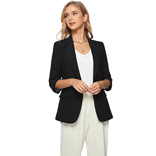 Women’s Casual Linen Blazers Notched Lapel 3/4 Sleeve Single Vent Open Front Half Lined Work Office Suit Jackets4