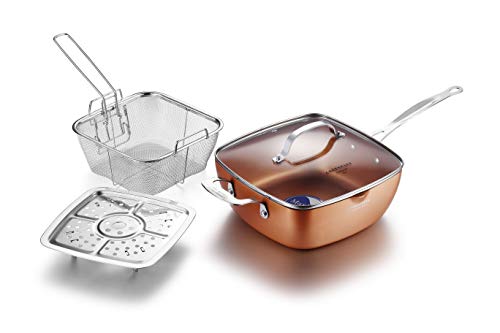 LOVE PAN 9.5 Inch Copper Nonstick Square Deep Fry Pan with Chip Frying Basket Steamer Rack and Glass Lid Induction Nonstick Copper Frying Pan For Oven Roast Bake Grill Steam and Braise 4 Piece