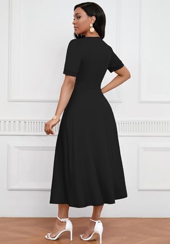 Image of MarryUP Women's Midi Dresses - V Neck Cocktail & Church Tea Dresses - Short Sleeve A-Line Swing Dress
