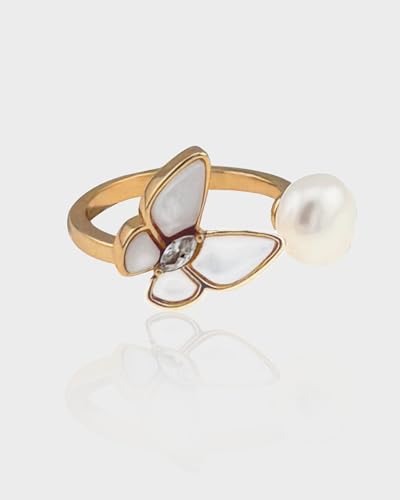 18k Gold Plated Freshwater Pearl, Mother of Shell Butterfly Open Ring for Women Gift Everyday and Wedding Band3