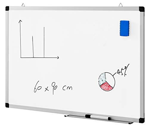 ACAZA Tableau blanc Mémo magnétique, cadre en aluminium, avec 1 Marqueur et Porte-Marqueur, pour Ecole, Cuisine, Bureau - 60 x 90 cm