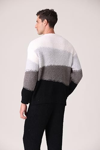 Men's Fleece Lounge Pajama Set - Includes Pants and Top, Elastic Fabric, Warm, Cloudlike Softness, Skin-Friendly Comfort, Grey and White.2