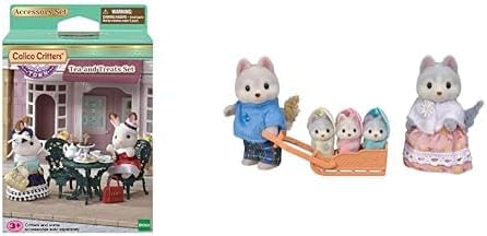 Calico Critters Town Tea and Treats Set with Husky Family - Garden Tea Party Set with 5-Piece Collectible Doll Figures