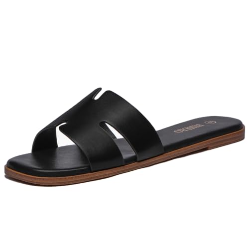 Rihero Black Flat Sandals for Women Dressy Summer Slip On Peep Toe Slide Black Sandals Size 8