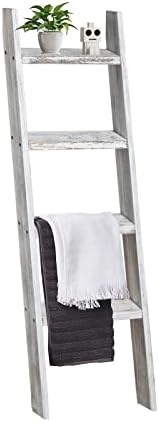 Natsukage Blanket Ladder Rustic Wooden Ladder Farmhouse Blanket Ladder Decorative Ladder Shelf for Living Room Bathroom Bedroom Wall Leaning Ladder Shelf Stand (48″ x 22″, Whitewashed)