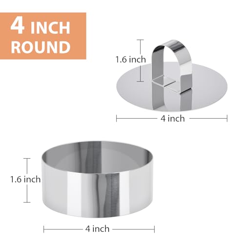 HULISEN Round Cake Ring Mold, Stainless Steel 4" Cooking Crumpet Rings with 1 Pusher & 4 Food Form, Tuna Tartare Mold for Pancake, Salad, Mousse - Thumbnail 2