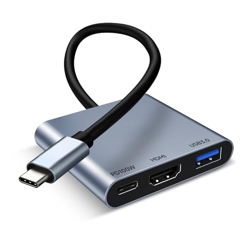 Adaptador USB C a HDMI, 3 en 1 Adaptador Tipo C Multipuerto USB C Hub con Puerto de Salida HDMI 4K, Puerto USB 3.0 y Puerto de 100W Carga PD, Compatible con...