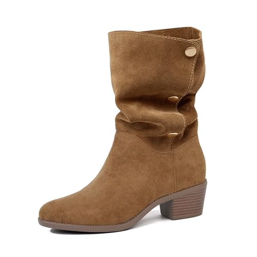 starmerx Womens Suede Mid Calf Boots 3 Way Fold Over Style Chunky Block Heel Booties Fall Winter