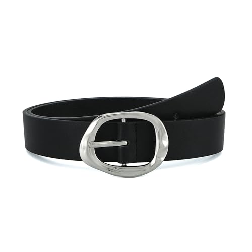Earnda Black Leather Belts for Women Casual Fashion Waist Belt with Liquid Shapes Silver Buckle for Jeans Pants Dresses 1.18