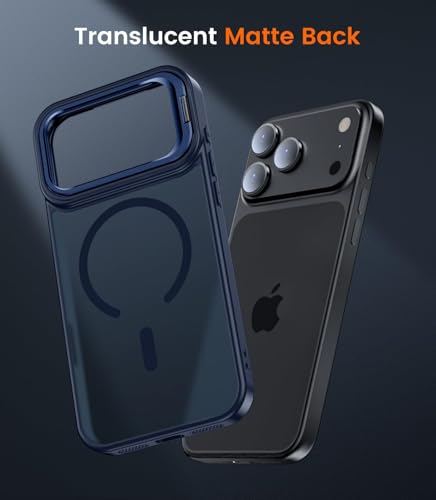 Image of Elzzi Translucent Matte Case for iPhone 17 Pro Max, Built-in Adjustable Kickstand Camera Stand Translucent Magnetic MagSafe Phone Cover (Navy)