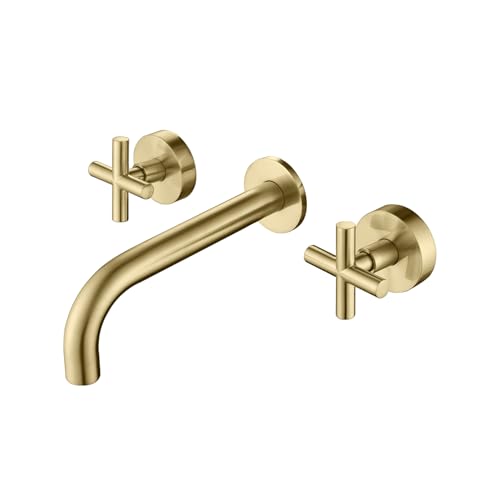 Decaura Bathroom Wall Sink Tap Set Cross Handles Basin Bath Spout Vanity Spa Bathtub Water Outlet with 1/4 Turn Twin Tap Set Brass (Brushed Gold)