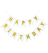 PatiCool White Happy Birthday Banner,Happy Birthday Sign Bunting Banner,Happy Birthday Garland fo...