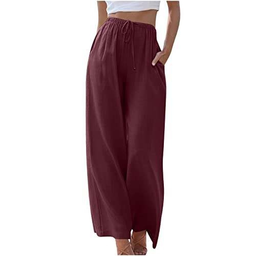 High Waisted Linen Pants for Women Summer Casual Wide Leg Drawstring Pants Loose Comfy Lounge Trousers with Pockets Linen Beach Pants Women Wine 2X