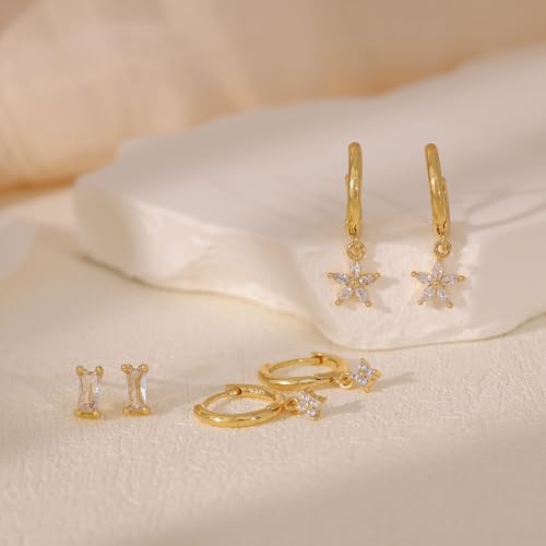 Image of Gold Plated Earrings for Women, 14k Gold Plated Earring Stack Hypoallergenic Pearl Drop Earring Dainty Earrings for Women Trendy Cute Small Huggie Hoop Earring Fashion Womens Jewelry