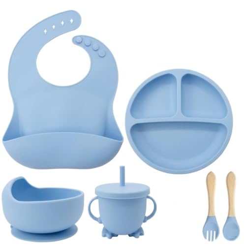Image of Silicone Baby Feeding Set 6 Pieces with Suction Plate, Bowl, Adjustable Bib, Straw Cup, Spoon & Fork, BPA Free Baby Led Weaning Essentials - Blue