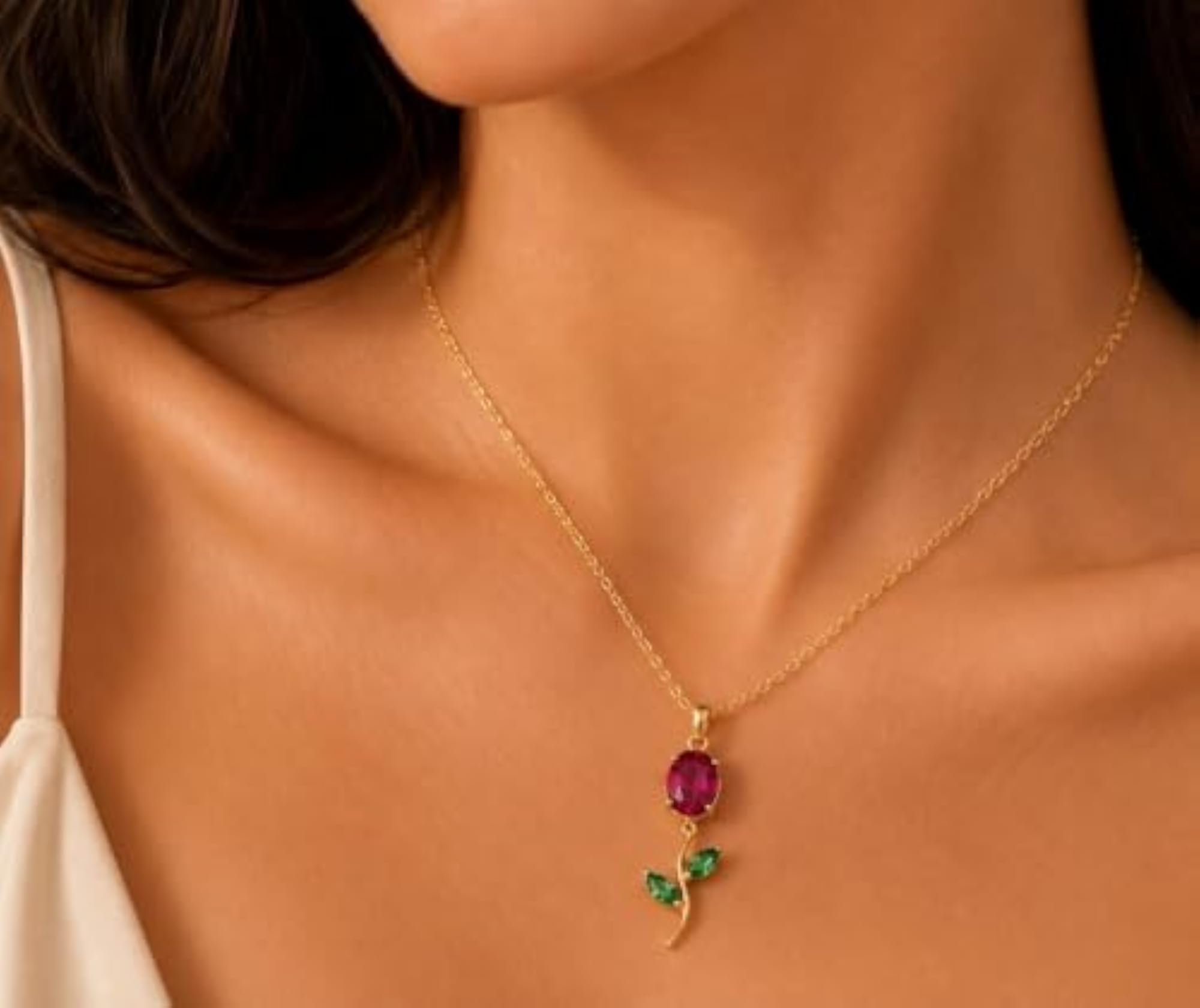 Women's Gold-Plated Green Crystal Leaf Pendant Necklace