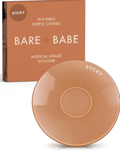 Bare Babe Sensitive Adhesive Silicone Nipple Covers for Women in 5 Shades - Adhesive-Free Center - Reusable Sticky Bra Sticky Boobs Nipple Pasties (Caramel Small)
