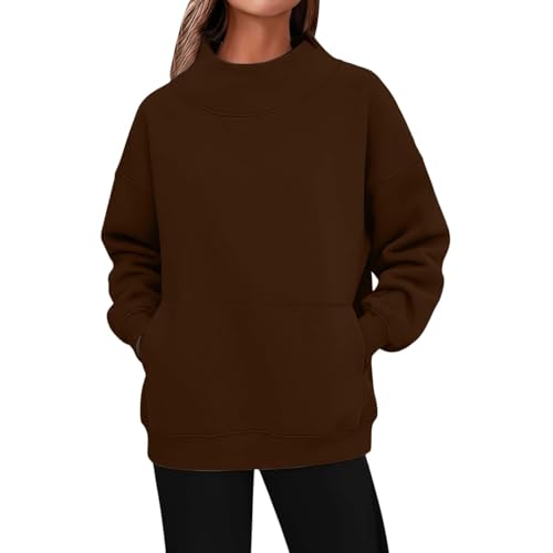 Damen Sweatshirt ohne Kapuze Herbst Winter Langarm Pullover mit Seitentaschen, Bequeme Einfarbige Freizeitoberteile Weiches Warmes Sweatshirt für Alltag Büro Reisen Streetwear 2025 (Coffee, L)