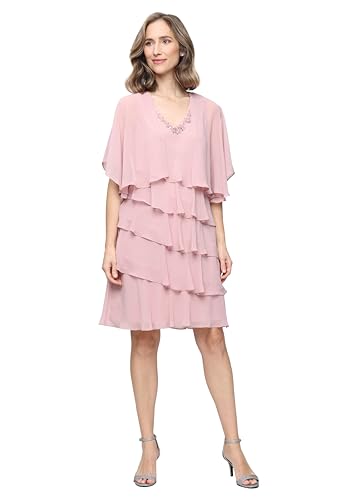 Image of S.L. Fashions Women's Chiffon Tiered Jacket Dress with Beaded Neckline Mother of the Bride, Cocktail, Or Wedding Guest Dress