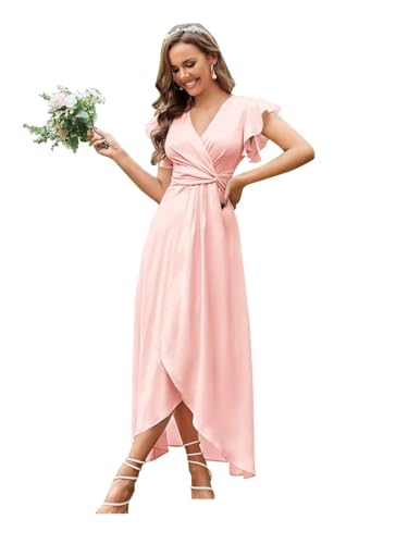 Kyeuan Flutter Sleeve Bridesmaid Dresses for Wedding Tea Length Chiffon Formal Dress with Slit
