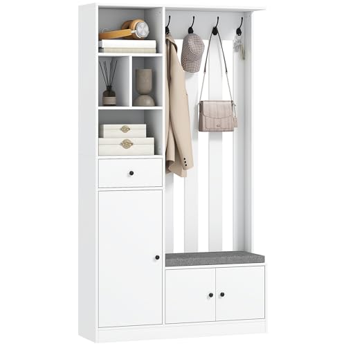 HOMCOM Garderobe Set Flurgarderobe mit Sitzbank, Schuhschrank, Verstellbarem Regal, Schublade, 4 Haken und Offenen Fächern Kompaktgarderobe für Eingangsbereich 100 x 30 x 180 cm, Weiß