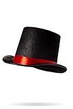 Frauen Schwarzer Damen Zylinder mit eingefasste Krempe rotem Satin Band und Fasching Verkleidung Hut