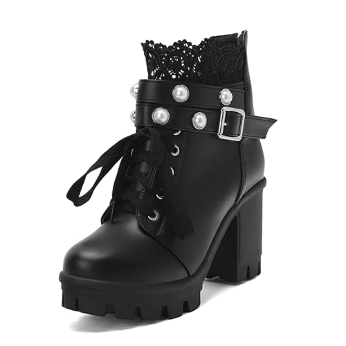 Image of FOREADA Goth Boots Chunky Heel Boot For Women Ankle Combat Booties Black Platform Bootie Buckle Rivets Punk Goth Shoes With Zipper