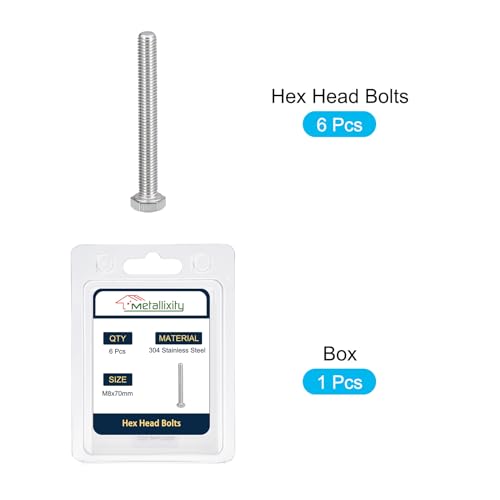 Image of METALLIXITY Hex Bolts (M8-1.25x70mm) 6Pcs, 304 Stainless Steel Coarse Fully Threaded Hex Head Screw Bolt Machine Screws - for Furniture Repair, Silver