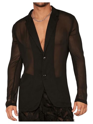 OYOANGLE Men's Long Sleeve Sheer Mesh Blazer Jackets Party Lightweight See Through Button Front Shirts Outwear