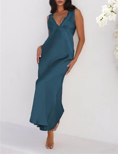 Image of BAGONE Summer Satin Lace V Neck Backless Formal Wedding Guest Maxi Dresses | Silk,Open Back,Sleeveless,Elegant,Cocktail,Bridesmaid,Baby Shower,Party,Prom,Birthday,Vacation,Summer Dresses for Women 2026
