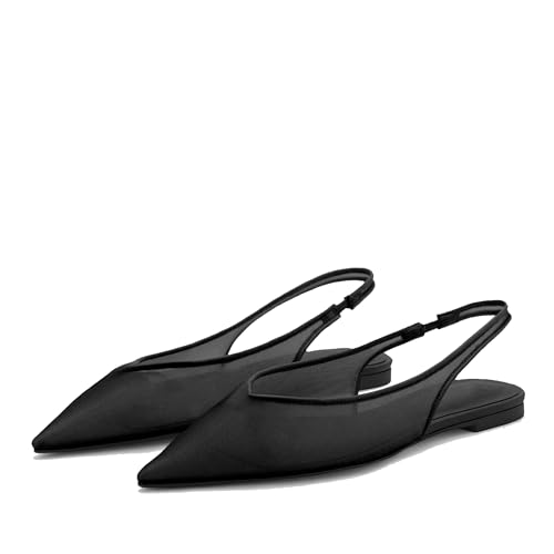 Image of Black Mesh Slingback Flats for Women Stylish Pointed Toe Design with Comfortable Mesh Material for Breathable Party Dress Elegant Shoes Size 11