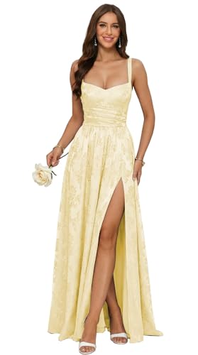 OEUVIGF Glitter Jacquard Satin Prom Dresses with Slit Long 2026 Yellow V Neck Long Evening Party...