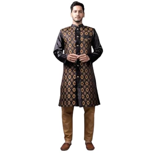 Image of Amzira Men's Heavy Jacquard Sherwani Set with Mandarin Collared Neck Long Sleeves One Pocket Button Closure Straight Length Kurta and Solid Pyjama