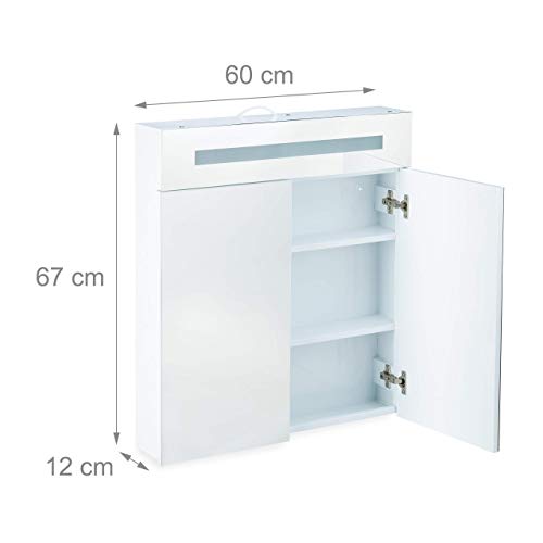 Relaxdays LED Mirror Cabinet, 2 Doors, 3 Compartments, Power Socket, LED Wall Shelf, Steel H x W x D: 67 x 60 x 12 cm, White Relaxdays LED Mirror Cabinet, 2 Doors, 3 Compartments, Power Socket, LED Wall Shelf, Steel H x W x D: 67 x 60 x 12 cm, White