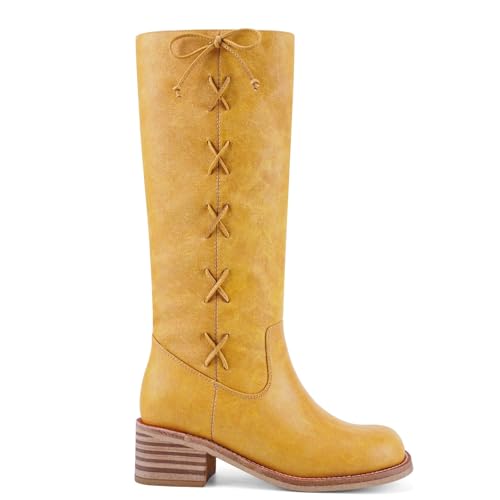 Image of UBWDU Women's Knee High Boots Chunky Block Heel Long Boots Square Toe Low Heel Boots for Women
